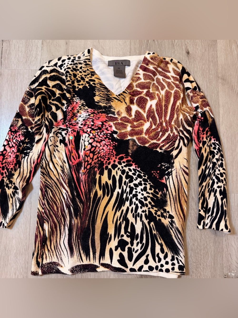 VTG Y2K ISA Mixed Animal Print Sequin V-Neck Top 3/4 Sleeve Knit Blouse